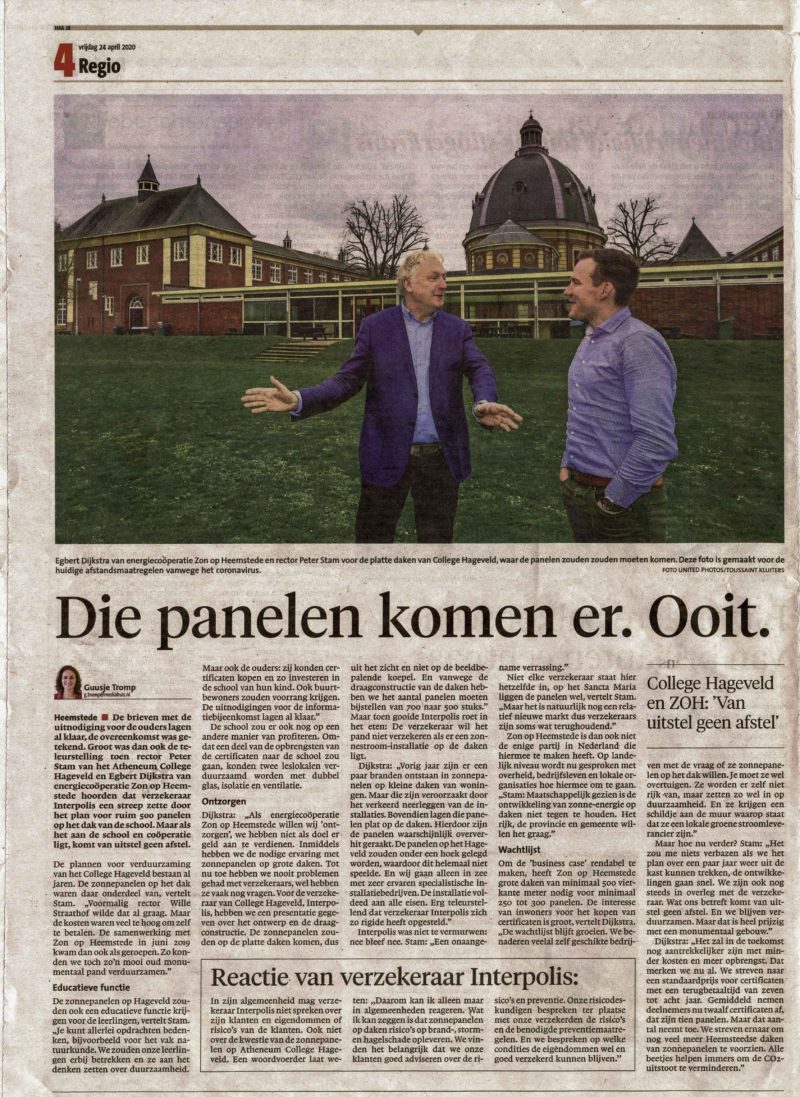 Interview Haarlems Dagblad over zonnepanelen op Hageveld Zon op Heemstede